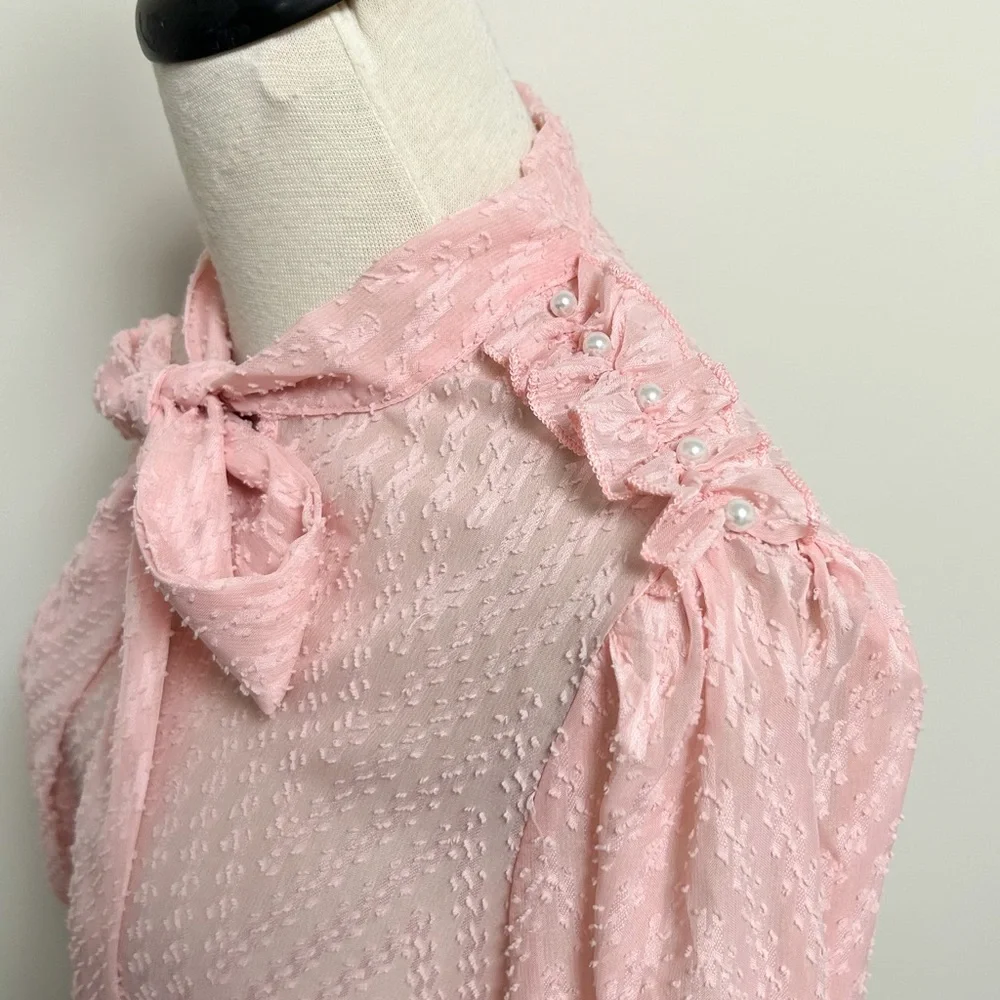 Shein Pink Sheer Chevron Faux Pearl Puff Flounce Sleeve Pussycat Bow Blouse 2XL - Picture 6 of 10
